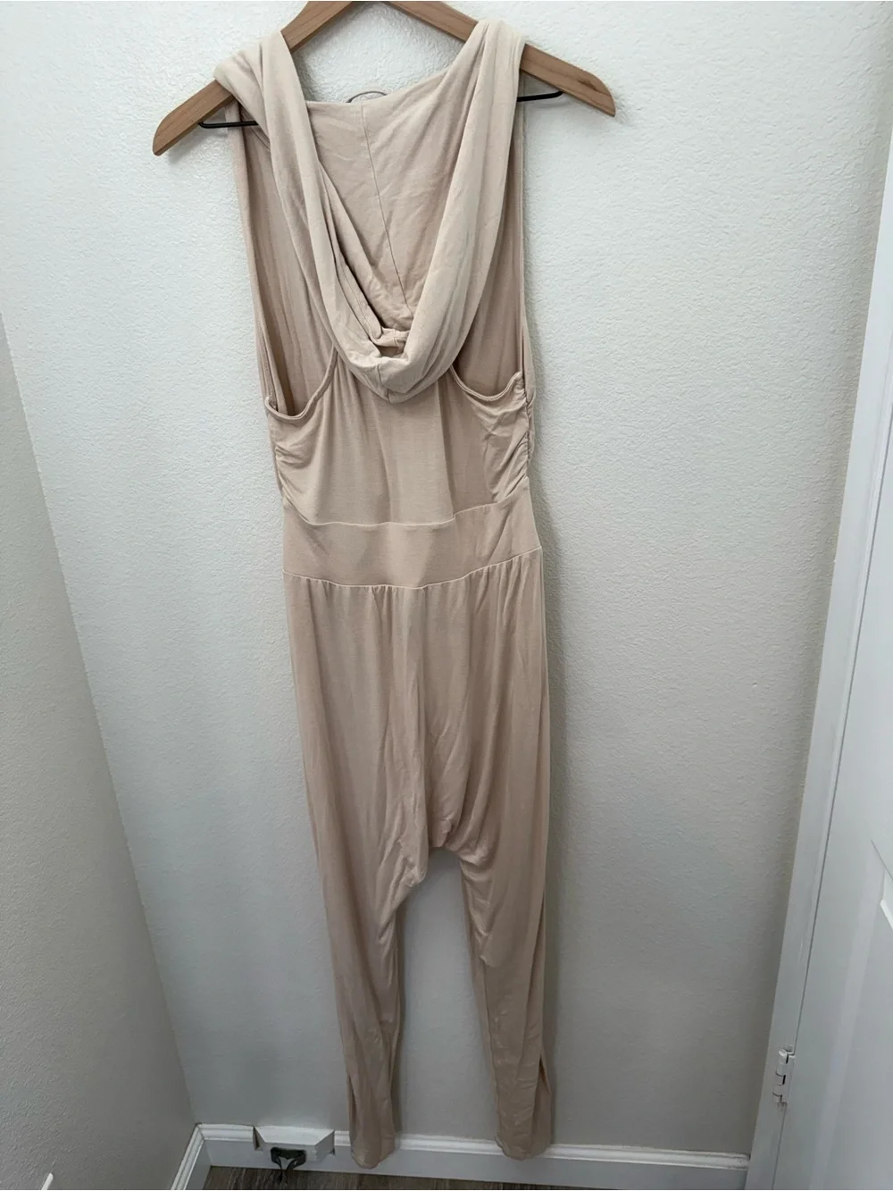 Free People Hooded Harem Second Chance Jersey Onesie Jumpsuit Tan Cream Small